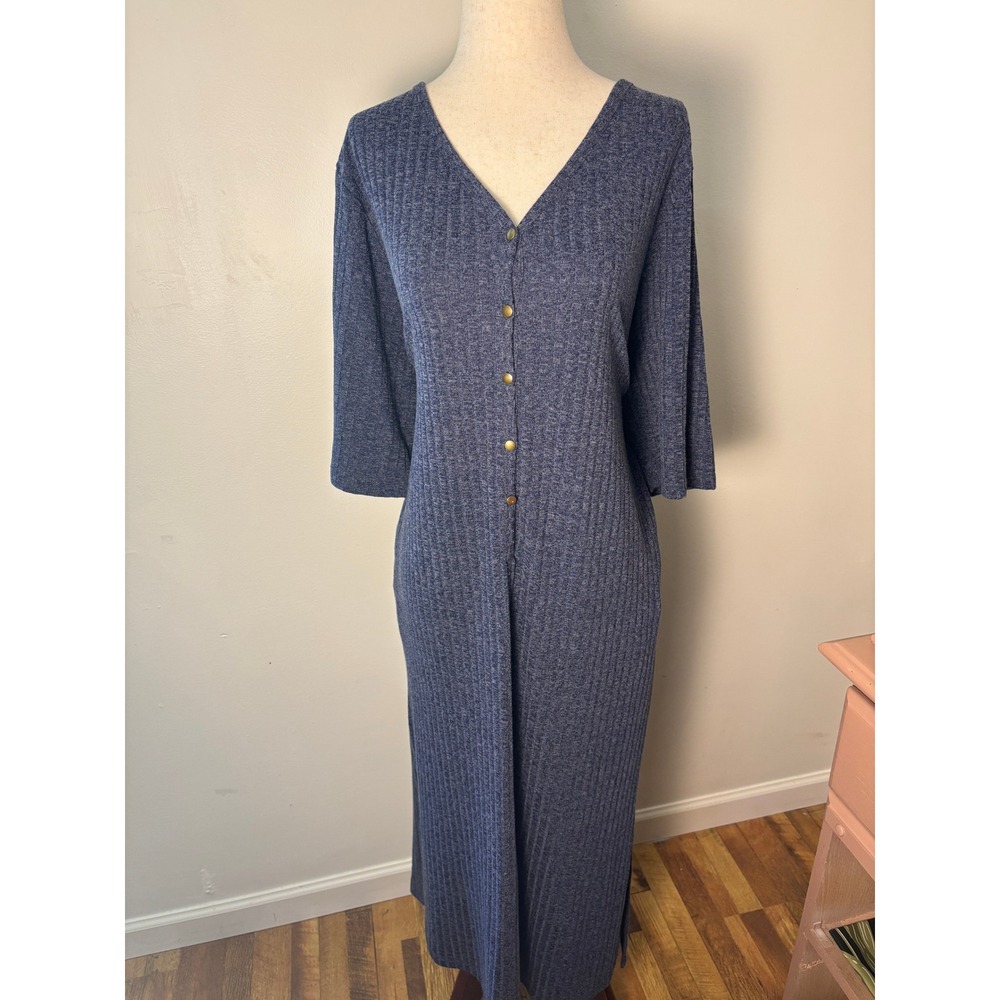Woman Within Blue Ribbed Midi Dress Button Front Casual Pockets Cozy